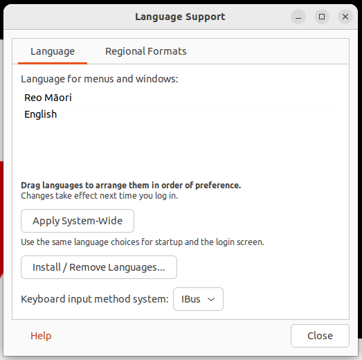 Screenshot: Move Reo Māori to the top of the list, and Apply System-Wide.